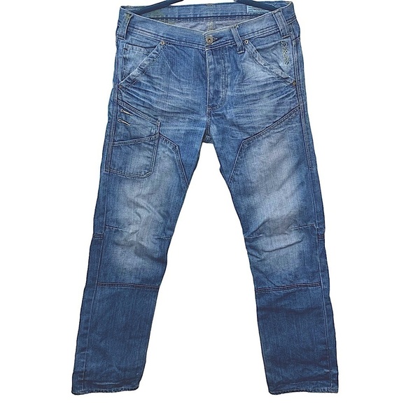 Jack Jones 1975 Distressed Jeans Men Sz 32 Blue Button Fly Slim Straight Denim - Picture 1 of 15